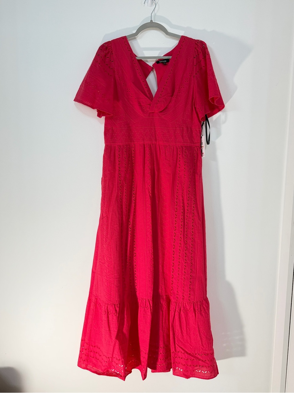 Kensie Bright Pink Eyelet Maxi Dress with V-Neck